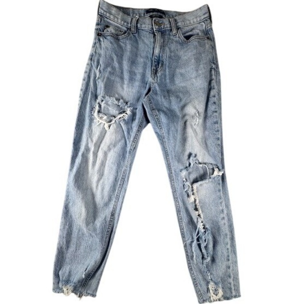 Aeropostale Mom Jean Womens 2 Regular Light Wash Distressed Ripped Raw Hem Denim
